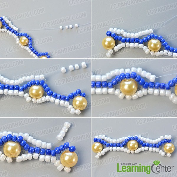 make the fifth part of the blue seed bead stitch wide bracelet