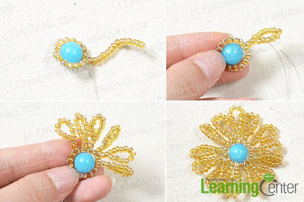  Add a circle of beaded leaves to the beaded sunflower