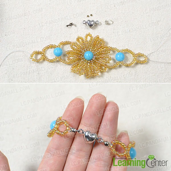  Add two bead tips and a brass magnetic clasp to link the two sides together.