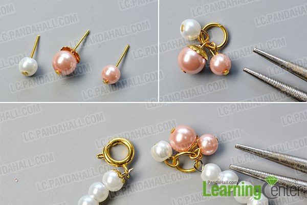 Add bead charms to the end of the pearl beaded bracelet