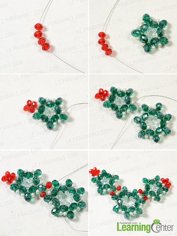 Step 2: Bead 2 more glass beaded flower patterns and connect them together