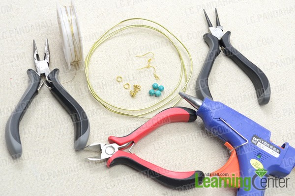Materials and tools for turquoise bead dream catcher earrings: