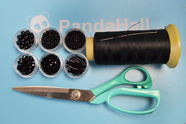 supplies in making the black glass bead and seed bead collar necklace