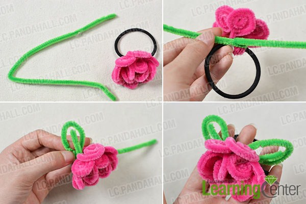 Wrap a piece of green chenille stem around the red flower as the pictures show.