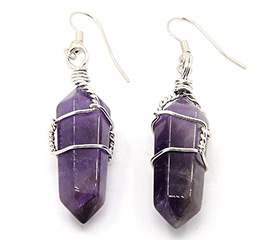 Brass Wire Wrapped Bullet Gemstone Natural Amethyst Earrings, Platinum Metal Color, 39~43x14mm, Pin: 0.4mm