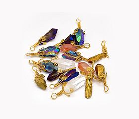 Electroplate Golden Wire Wrapped Gemstone Natural Crystal Pendants, Nuggets, Mixed Color, 34~51x10~16x5~10mm, Hole: 4~5mm