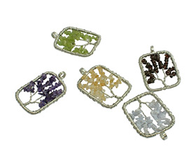 Tree of Life Wire Wrap Pendants, Bass Findings with Gemstone Chips, Rectangle, Mixed Color, about 35~37mm wide, 52~55mm long, hole: 6mm