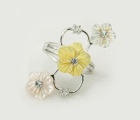 Sea Shell Brass Rings, with Rhinestone, Flower, Platinum Metal Color, Colorful, Inner Diameter: 17mm