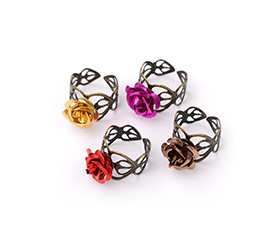 Adjustable Aluminum Rose Flower Ring, with Brass Finding, Antique Bronze, Mixed Color, 20mm