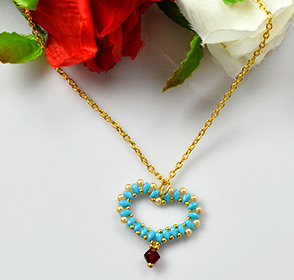 Blue 2-Hole Seed Bead Heart Pendant Necklace