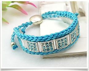 Fashion Friendship Cord Bracelets, Nylon Cord Bracelets with Alloy Rhinestone Beads and Alloy Beads, Aquamarine, 42mm