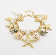 Trendy Shell Charm Bracelets, CCB Acrylic Alloy Rhinestone Starfish and Glass Pearl Pendants, with Iron Chains and Brass Lobster Claw Clasps, Golden, 230mm