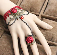 Gothic Style Vintage Red Rose Lace Bracelets with Rings Wristlet Jewelry, with Glass Beads, Iron Chains and Alloy Lobster Claw Clasps, Antique Bronze, Red, 130mm; 17mm 