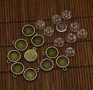  12mm Domed Transparent Glass Cabochons and Antique Bronze Tibetan Style Pendant Cabochon Settings, Lead Free & Nickel Free, Pendant: 18x14mm, Hole: 2mm; Tray: 12mm 