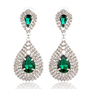 Stylish Silver Plated Brass Rhinestone Drop Dangle Earrings, Emerald, 68mm, Pin: 1mm 