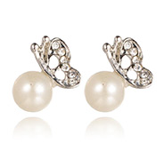Trendy Alloy Rhinestone Butterfly Stud Earrings,, with Imitation Acrylic Pearl Beads and Steel Pin, Beige, 16x12x8mm; Pin: 0.8mm