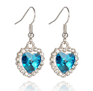 Dangling Alloy Rhinestone Heart Pendant Earrings, with Iron Earring Hooks, Capri Blue, 35mm; Pin: 0.7mm