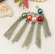 Fashion Tassels Pendant Decorations, with Tibetan Style Bead Caps, Glass Pearl Beads, Iron Twist Chains and Alloy Lobster Claw Clasps, Mixed Color, 90mm