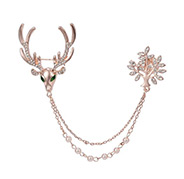 Trendy Alloy Rhinestone Sika Deer Brooch, with Iron Chains, Golden