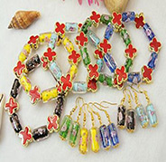 Fashion Jewelry Sets: Earrings and Bracelets, with Column Lampwork Beads and Flower Acrylic Beads, Mixed Color, Bracelets: 55mm inner diameter; Earrings: 38mm long