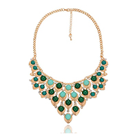 Bohemia Style Alloy Resin Geometry Shaped Bib Statement Necklaces, with Iron Chains and Alloy Lobster Claw Clasps, Golden, DarkGreen, 15.7"