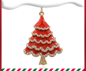 Golden Alloy Crystal Rhinestone Enamel Pendants, Christmas Tree Necklace Pendants, Red, 61x45x20mm, Hole: 3mm