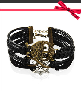 Great Valentines Day Gifts for Men Multi-Strand Imitation Leather Infinity Bracelets, with Alloy Findings, Faux Suede and Alloy Lobster Clasps, Owl and Helm, Black, 190mm