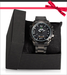 Weide Brand Men's Full Steel Sport LED Watches, High Quality 30M Waterproof Stainless Steel Quartz Watches, Black, 78mm; Watch Head: 50x49x15.5mm; Watch Face: 35x35mm