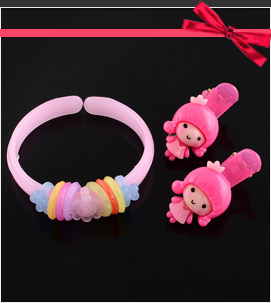 Lovely Kids Hair Accessories Plastic Alligator Hair Clips and Bangles, with Girl Resin Cabochons, Mixed Color, 48mm; bangle: 1pc, clip: 2pcs/bag; 10bags/group