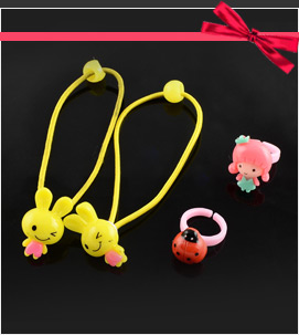 Lovely Kids Hair Accessories Elastic Hair Ties and Plastic Rings, with Resin Beads, and Random Cabochons on the Ring, Mixed Color, 41mm, 14mm; Hair Tie: 2pcs/bag, Ring: 2pcs/bag; 10bags/group