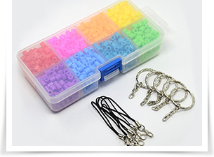 1Box Tube PE DIY Melty Beads Fuse Beads, 5pcs Alloy Key Chain Findings and 5pcs Cord Loop Mobile Straps, Mixed Color, Beads: 5x5mm, Hole: 3mm; Key Chain: 25mm; Mobile Straps: 60mm, Hole: 3.5mm