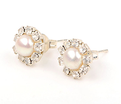Trendy Pearl Ear Studs, with Brass Rhinestone, Brass Earstud Components and Earnuts, Platinum, White, 10mm; Pin: 0.7mm