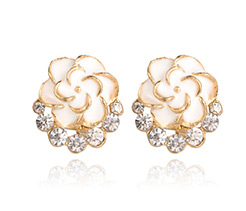 Dual Purpose Alloy Enamel Flower Ear Studs & Clip-on Earrings, with Rhinestone and Iron Pin, White, 18x16x5mm; Pin: 0.9mm 