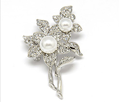 Flower Alloy Acrylic Pearl Brooches, with Grade A Rhinestone, Crystal, 58x35mm, Pin: 0.8mm 