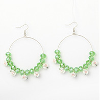 Fashion Basketball Wives Hoop Earrings, with Flower Handmade Porcelain Beads, Abacus Glass Beads and Brass Earring Hooks, LightGreen, 86mm