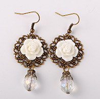 Dangling Brass Flower Resin Pendant Earrings, with Glass Beads, Iron Findings and Iron Earring Hooks, White, 58mm; Pin: 0.7mm