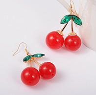 Trendy Golden Metal Alloy Cherry Resin Dangle Earrings, with Rhinestone and Iron Earring Hooks, Red, 64mm; Pin: 0.8mm