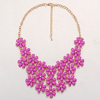Trendy Golden Metal Alloy Rhinestone Resin Flower Beaded Bib Necklaces, with Iron Chains and Lobster Claw Clasps, Orchid, 17.7"