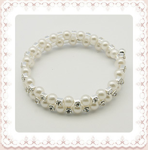 Wedding Bracelets, Rhinestone Double Wrap Bracelets, with Acrylic Beads, White, 53mm