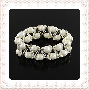 Dyed Shell Stretch Bracelets For Wedding, with Alloy Rhinestone Bead Spacers, Silver, White, 48mm