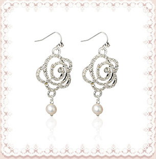 Rose Flower Alloy Rhinestone Earrings, with Pearl Beads and Brass Earring Hooks, Silver Metal Color, PapayaWhip, 42mm