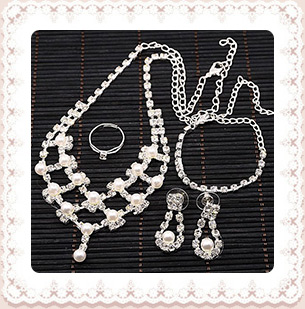 Iron Rhinestone Bridal Jewelry Sets: Necklaces, Bracelets, Earrings and Finger Rings, with Acrylic Pearl Beads and Plastic Earnuts, Silver, 16.1", 180mm, 17x31mm, 17mm