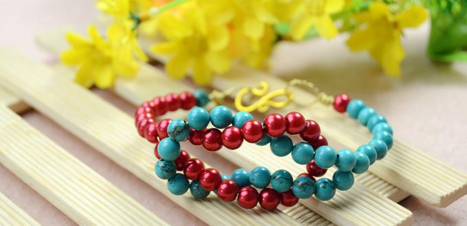How to Make a Simple Sailor Knot Bracelet with Turquoise and Red Pearl ...